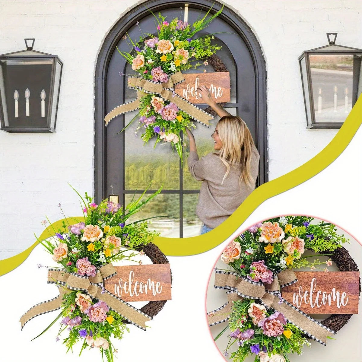 Spring Wreath for Front Door, 16.9 Inch Welcome Sign Front Door Wreath, Indoor Outdoor Green Eucalyptus Daisy Welcome