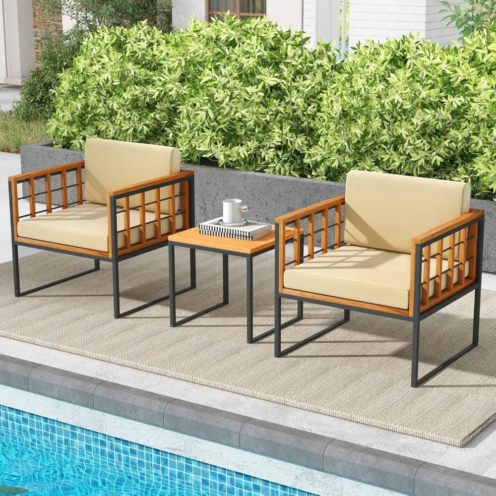 3 Pieces Patio Chair Set, Acacia Wood Outdoor Sofa Set with Metal Support, Soft Seat & Back Cushions Included