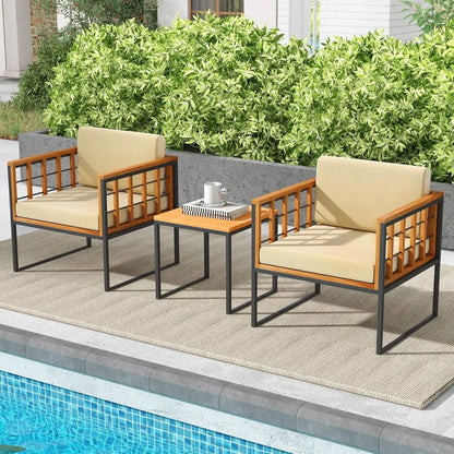3 Pieces Patio Chair Set, Acacia Wood Outdoor Sofa Set with Metal Support, Soft Seat & Back Cushions Included