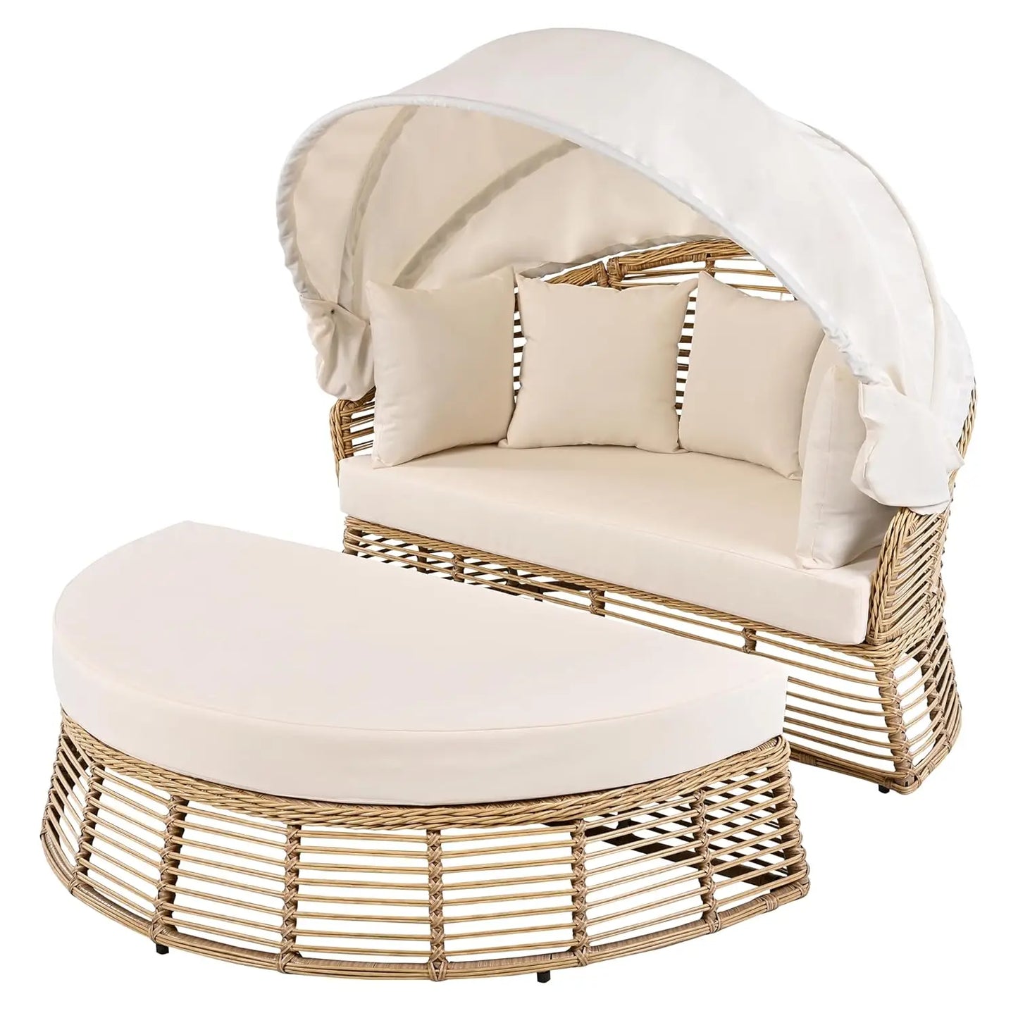 Rattan Round Daybed with Retractable Canopy & Removable Cushions for Patio Backyard
