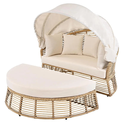 Rattan Round Daybed with Retractable Canopy & Removable Cushions for Patio Backyard