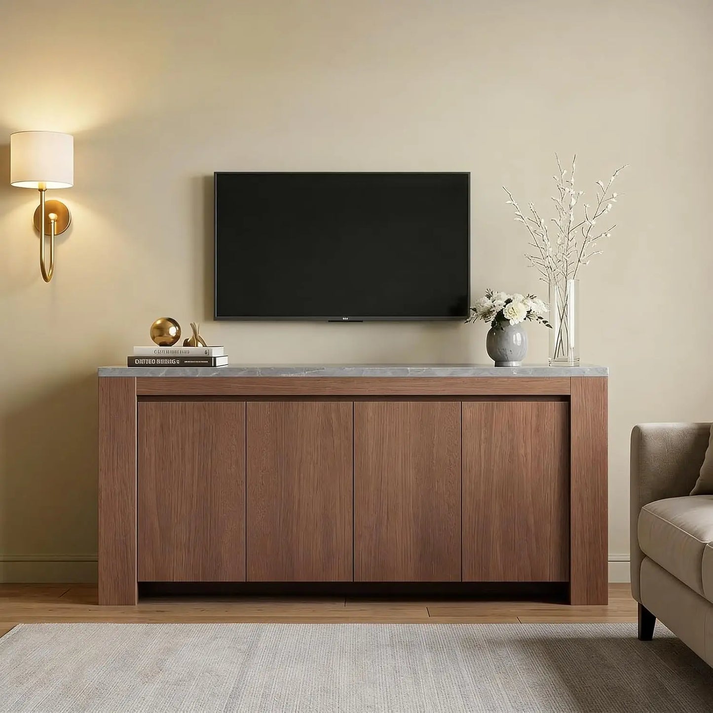 Buffet Cabinet with Storage, 63" Sideboard Accent Cabinet with Faux Marble Top & 4 Doors