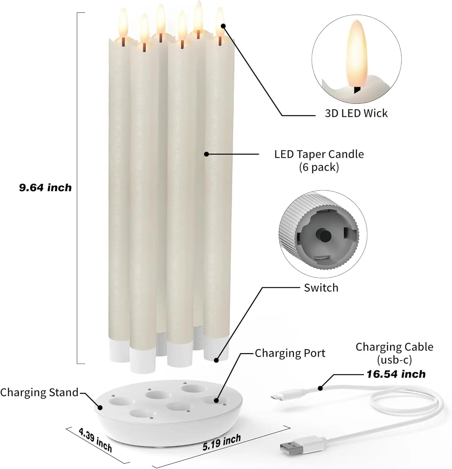 6-Pack Rechargeable Flameless Taper Candles with Charging Station, Remote & Timer for Home Decor
