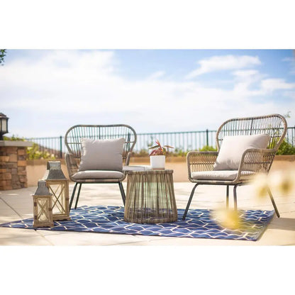 3 Pieces Bistro Chair Set w Glass Table Grey Outdoor Patio Furniture Wicker Rattan Modern Conversation Chat Seating