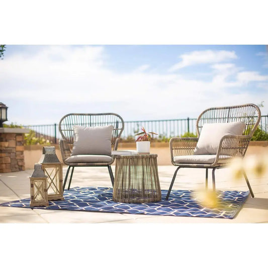 3 Pieces Bistro Chair Set w Glass Table Grey Outdoor Patio Furniture Wicker Rattan Modern Conversation Chat Seating