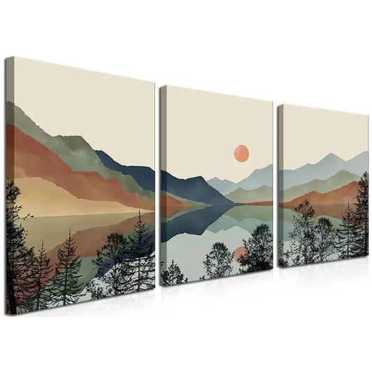 Framed Mountain Canvas Wall Art Set of 3, Boho Watercolor Painting, Sun Forest Abstract Nature Landscape Artwork