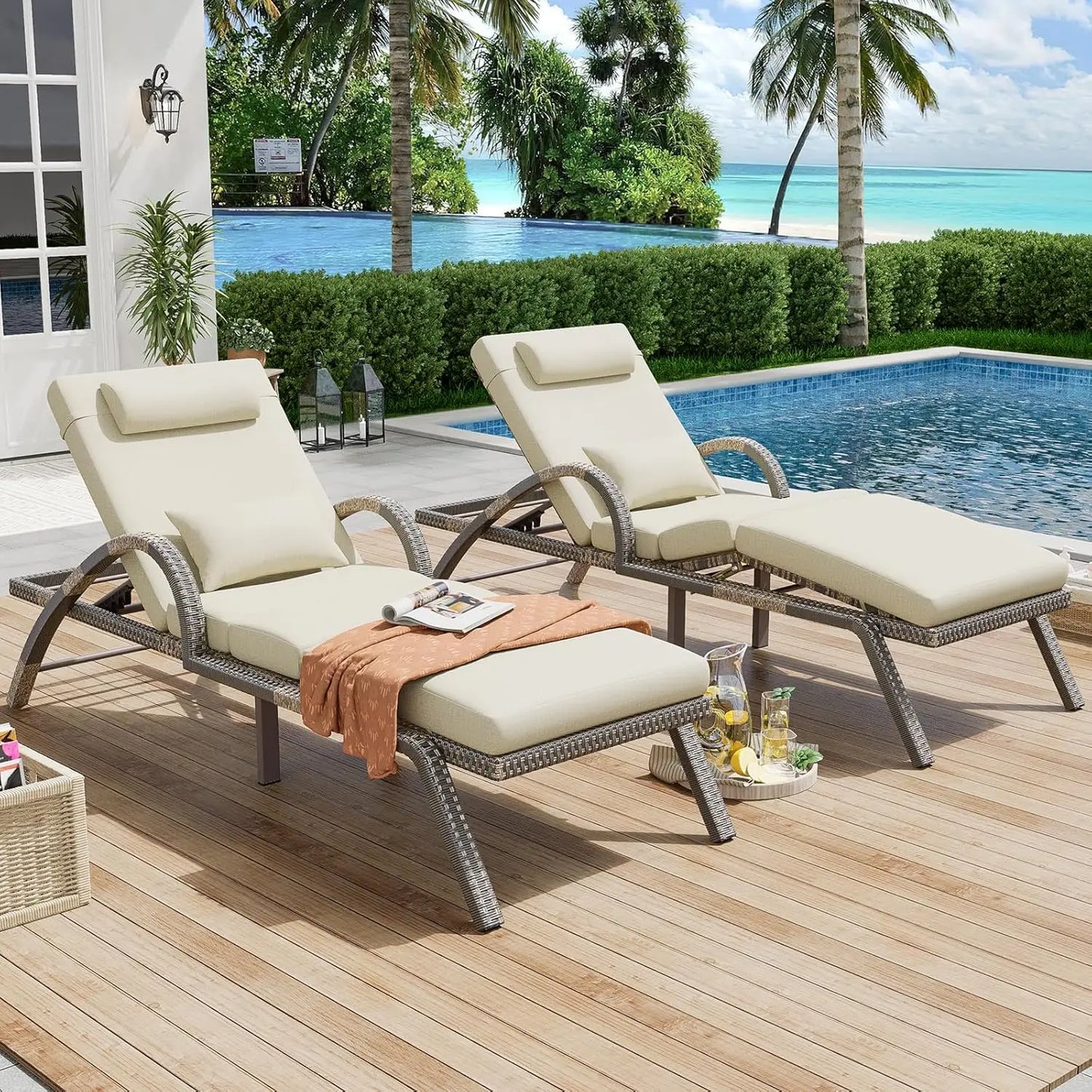 Outdoor Lounge Chairs Set of 2, Patio Chaise Loungers with Adjustable 5-Position & Leg Support, Wicker Pool Recliners