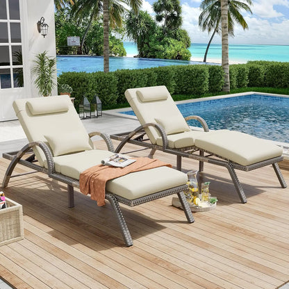 Outdoor Lounge Chairs Set of 2, Patio Chaise Loungers with Adjustable 5-Position & Leg Support, Wicker Pool Recliners