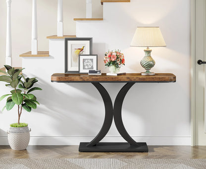 Console Table, 40 inch Narrow with Geometric Base, Rustic Hallway Accent