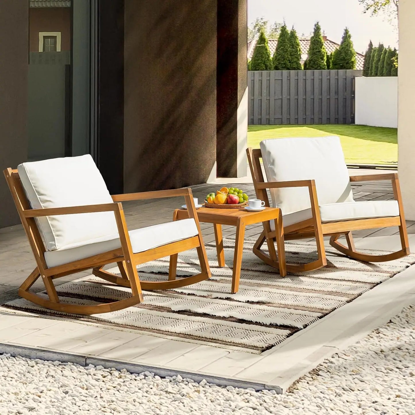 Rocking Chairs Design Heavy Duty 400lbs Capacity Wood Patio Bistro Set 3 Piece Outdoor
