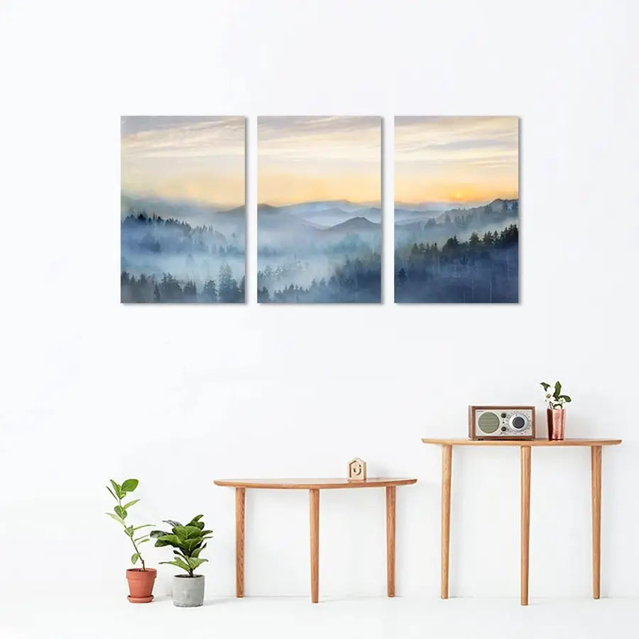3 Panel Sunrise Misty Forest Picture Paintings Wall Art for Living Room, bedroom, Bathroom Framed Canvas Artwork