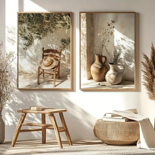 Vintage Olive Tree Straw Chair Canvas Art, Mediterranean Landscape Wall Art for Living Room Home Decor