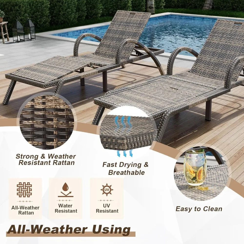 Outdoor Lounge Chairs Set of 2, Patio Chaise Loungers with Adjustable 5-Position & Leg Support, Wicker Pool Recliners