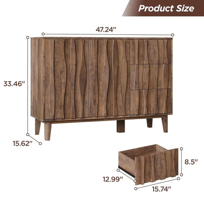 Fluted Buffet Cabinet with Storage, 47.2" Sideboard Cabinet with 3 Drawers and 2 Doors, Adjustable Shelf