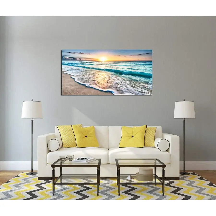 Canvas Prints Wall Art Beach Sunset Ocean Waves Nature Pictures Stretched Canvas Wooden Framed for living Room
