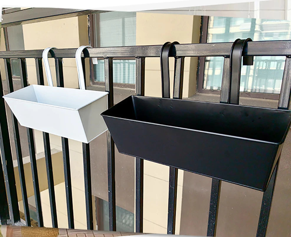 Outdoor Planter Black Metal Iron Hanging Flower Pots Decks Railings Fence Buckets Modern Wall Mount Window Box