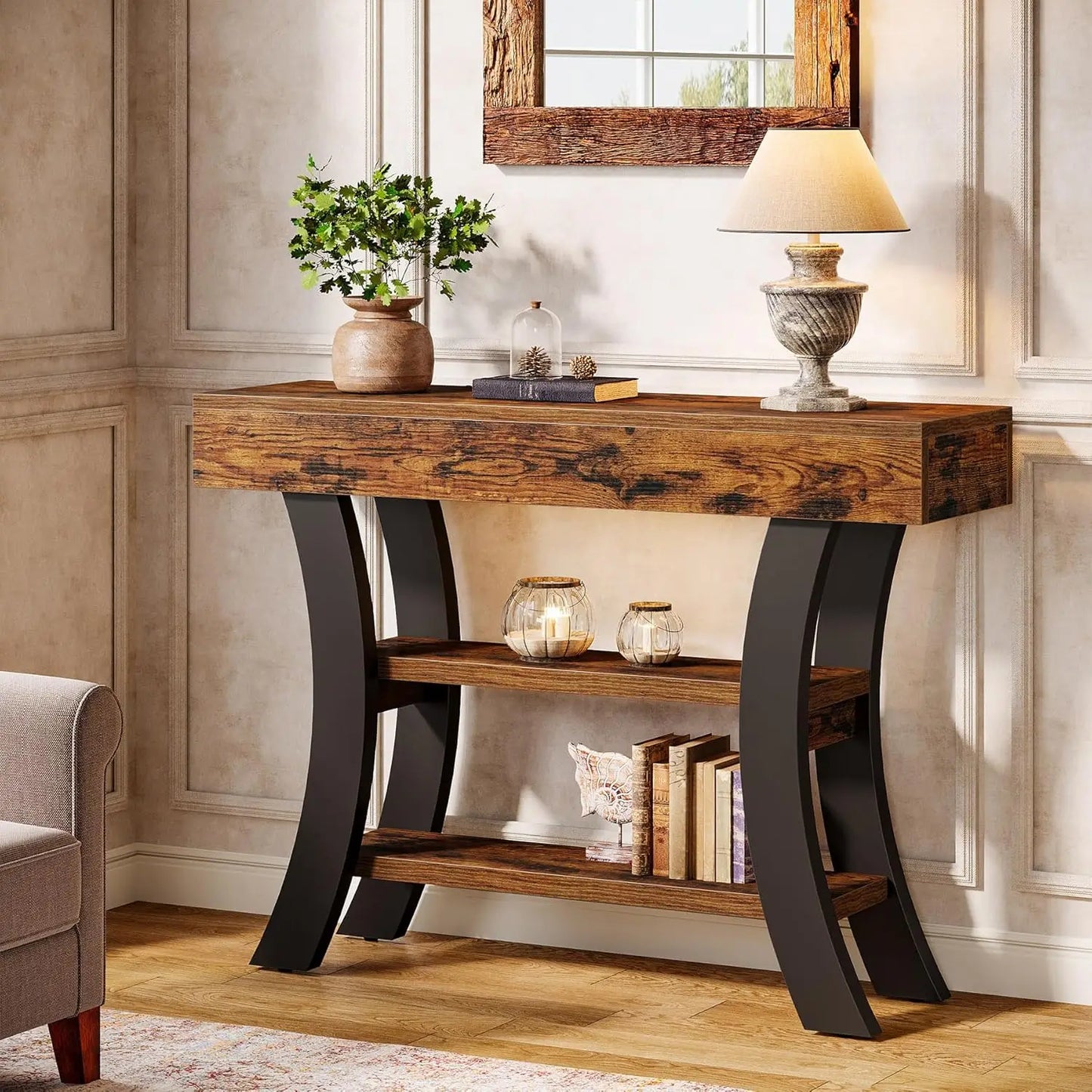 41in Small 3-Tier Narrow Rustic Console Table Curved Storage Shelf Entry Hall, Customized