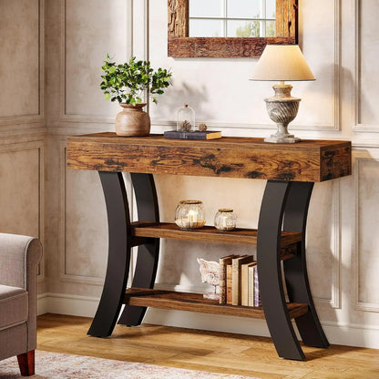 41in Small 3-Tier Narrow Rustic Console Table Curved Storage Shelf Entry Hall, Customized