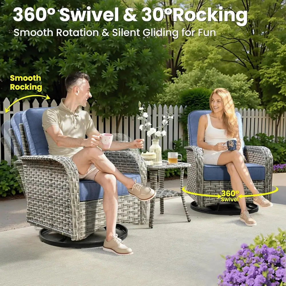 9-Piece Outdoor Patio Furniture Set with Fire Pit, Sectional Sofa, Rocking Chairs, and Chaise Lounge in Denim Blue Wicker Rattan