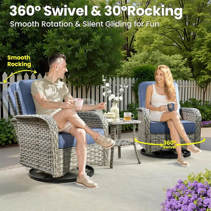 9-Piece Outdoor Patio Furniture Set with Fire Pit, Sectional Sofa, Rocking Chairs, and Chaise Lounge in Denim Blue Wicker Rattan