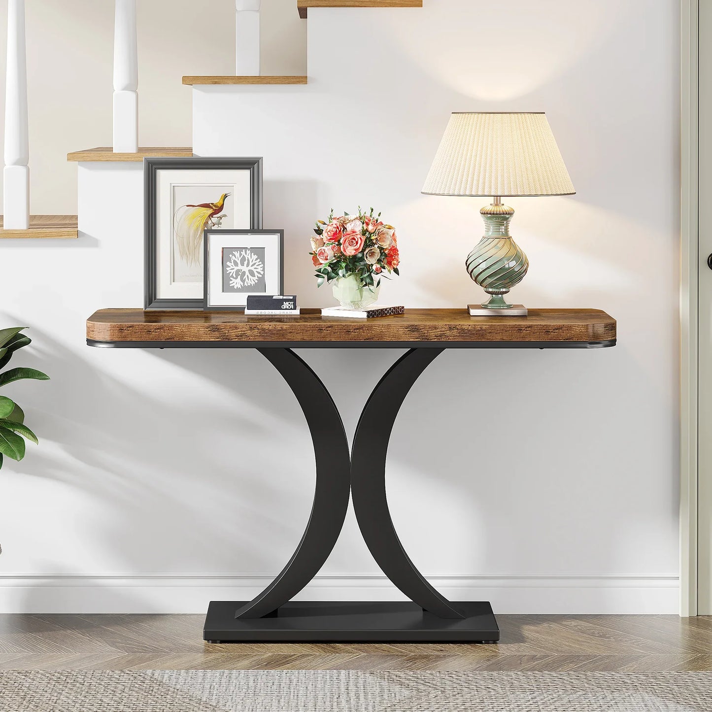 Console Table, 40 inch Narrow with Geometric Base, Rustic Hallway Accent