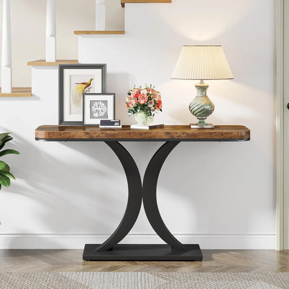 Console Table, 40 inch Narrow with Geometric Base, Rustic Hallway Accent