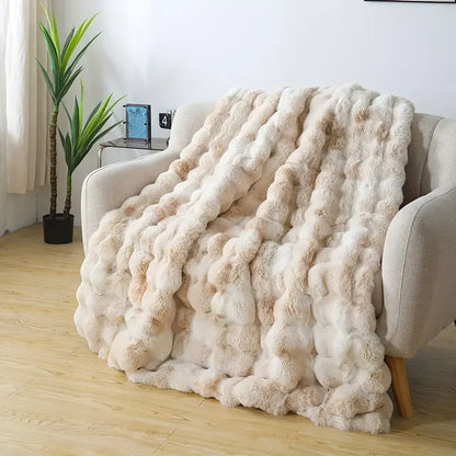 Bubble Fleece Blanket for Couch, Faux Rabbit Fur Throw, Soft Cozy Fluffy Decorative Blanket