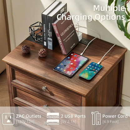 Farmhouse Nightstand Set of 2 with Charging Station, 24" Wide End Table with 3 Drawers, Bed Side