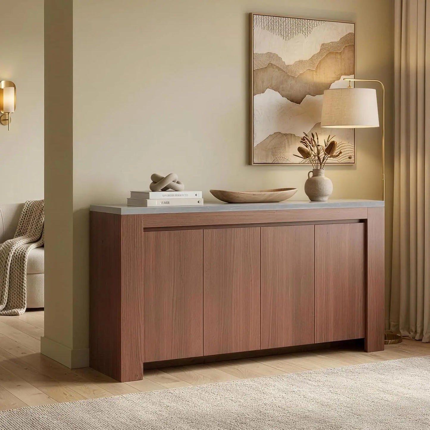 Buffet Cabinet with Storage, 63" Sideboard Accent Cabinet with Faux Marble Top & 4 Doors