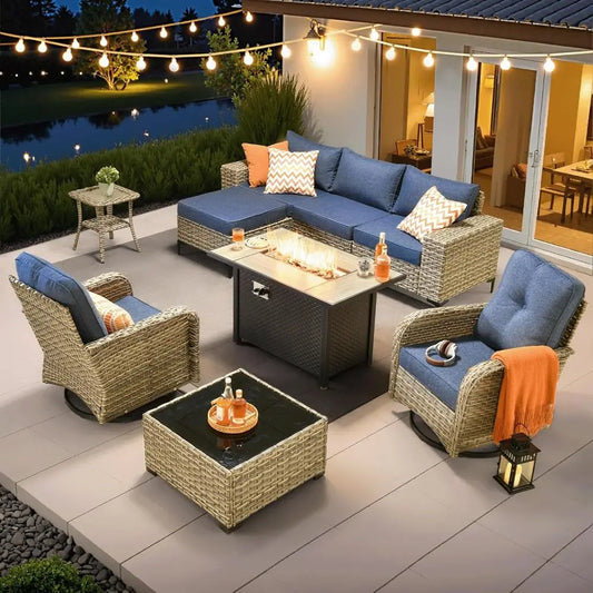 9-Piece Outdoor Patio Furniture Set with Fire Pit, Sectional Sofa, Rocking Chairs, and Chaise Lounge in Denim Blue Wicker Rattan