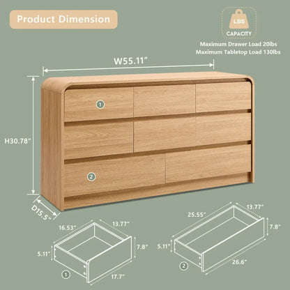 Modern 8 Drawers Dresser for Bedroom, 55 Wide Dressers & Chest of Drawers w/Curved Profile Design, Wood Mid Century