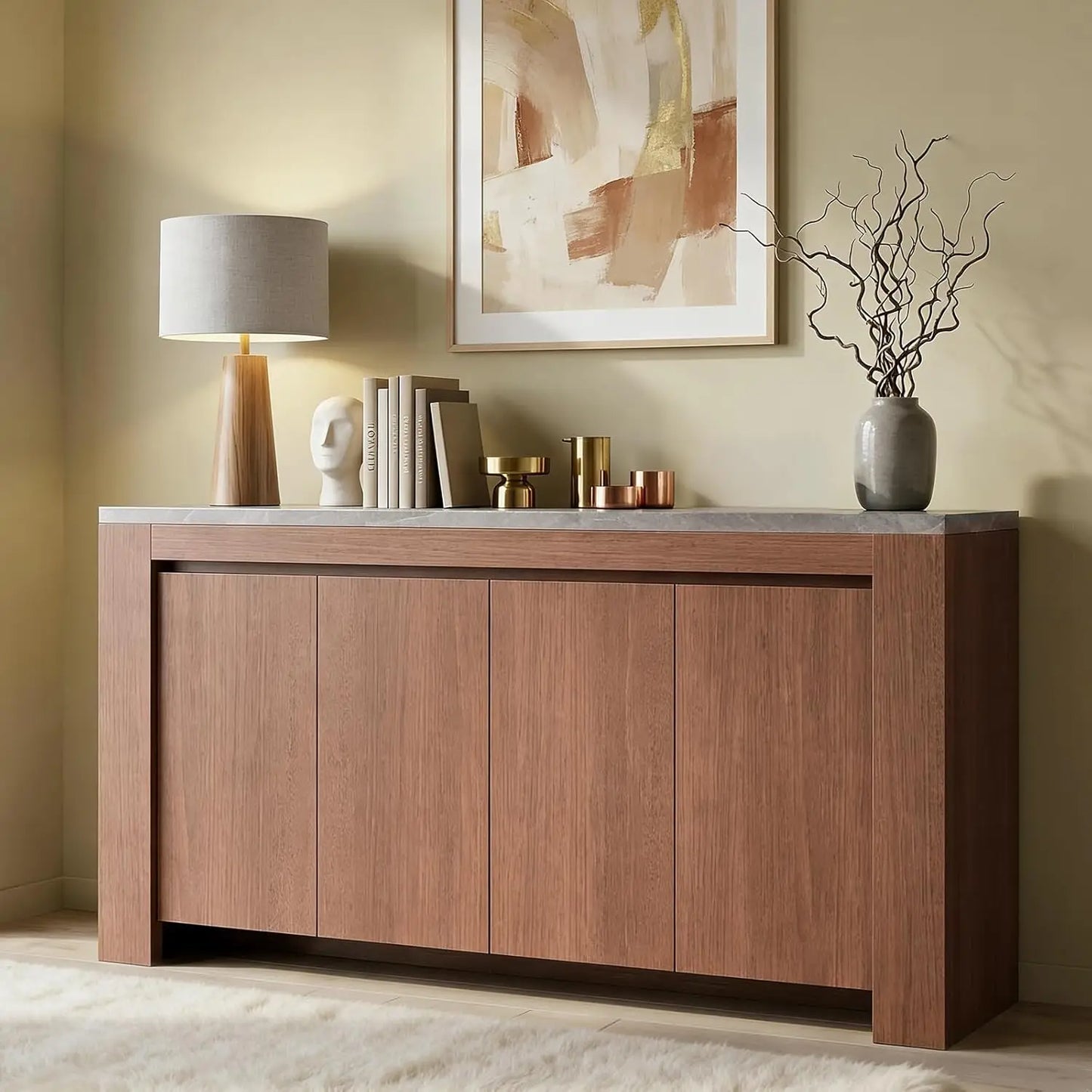 Buffet Cabinet with Storage, 63" Sideboard Accent Cabinet with Faux Marble Top & 4 Doors