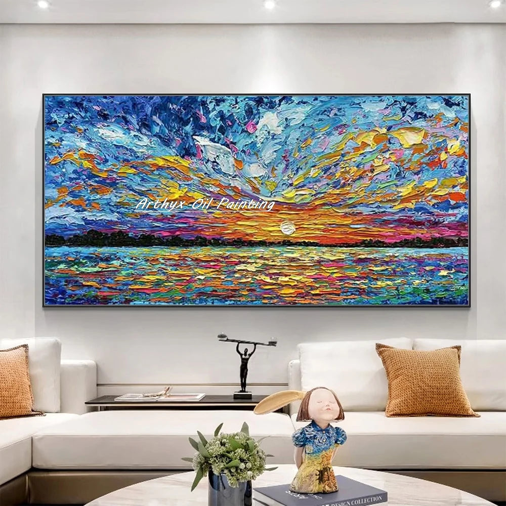Arthyx, Hand Painted Abstract Seascape Oil Paintings On Canvas, Modern Texture Art Poster, Large Wall Picture, Home Decor