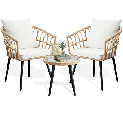 3pc Patio Bistro Set Wicker Rattan Table & Chairs for Balcony Porch Backyard Poolside