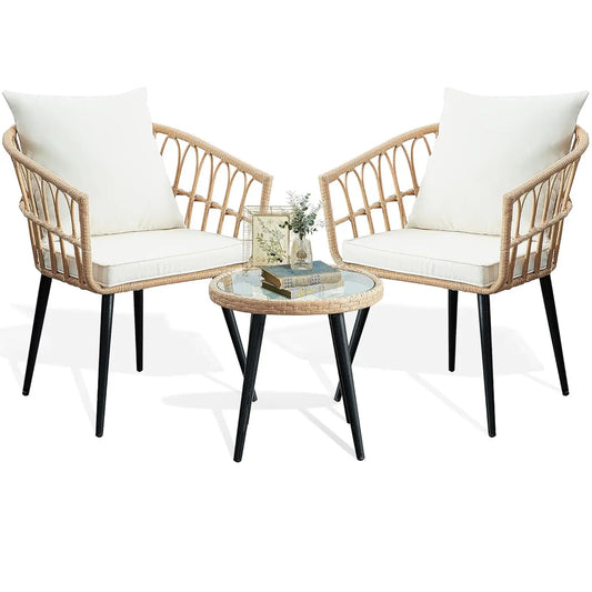 3pc Patio Bistro Set Wicker Rattan Table & Chairs for Balcony Porch Backyard Poolside