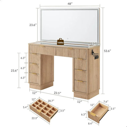 illuminated 48" makeup vanity desk with fluted design, 8-drawer storage and charging station