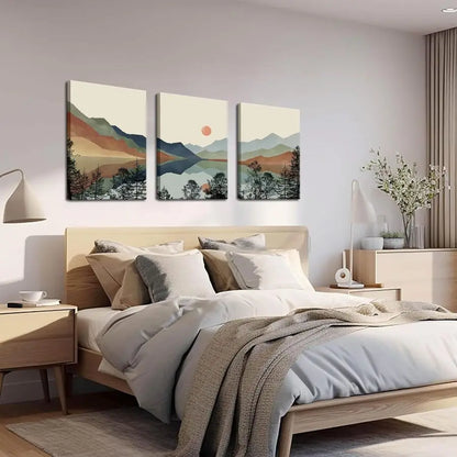 Framed Mountain Canvas Wall Art Set of 3, Boho Watercolor Painting, Sun Forest Abstract Nature Landscape Artwork