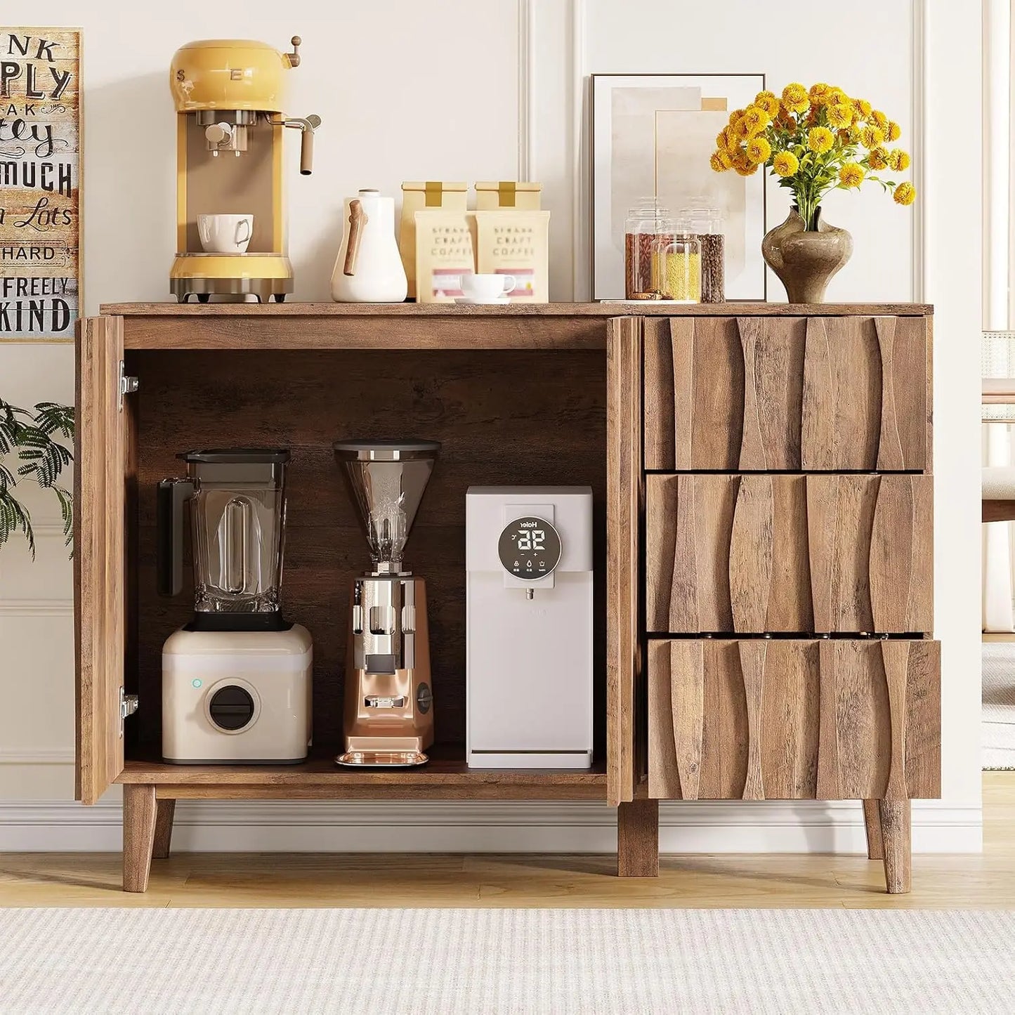 Fluted Buffet Cabinet with Storage, 47.2" Sideboard Cabinet with 3 Drawers and 2 Doors, Adjustable Shelf