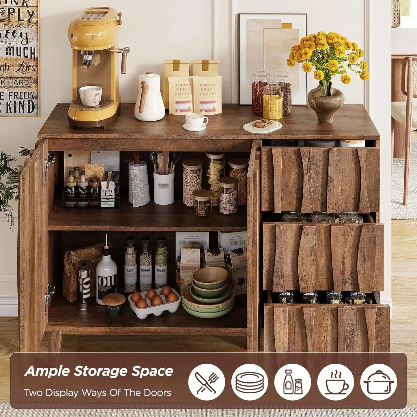 Fluted Buffet Cabinet with Storage, 47.2" Sideboard Cabinet with 3 Drawers and 2 Doors, Adjustable Shelf
