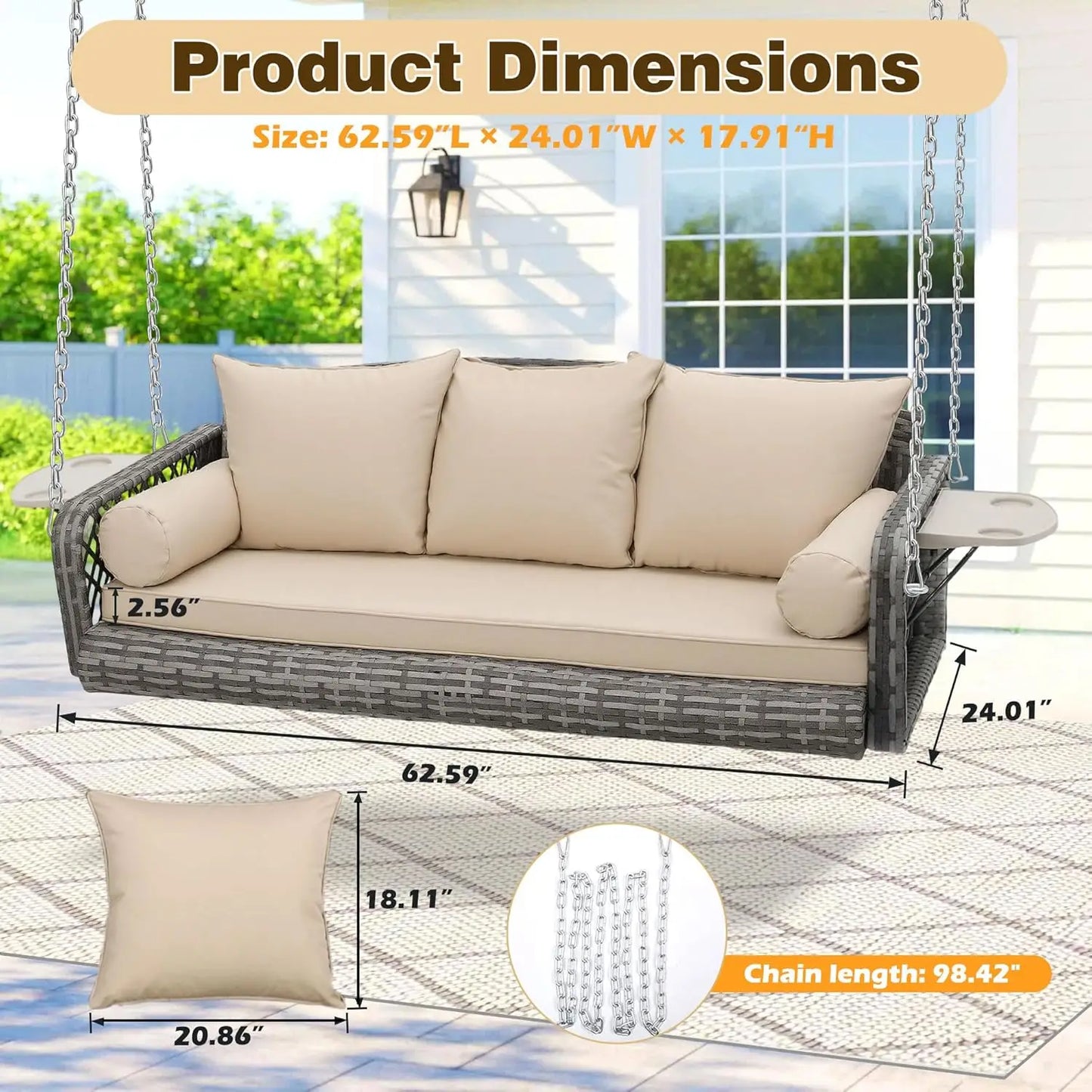 3-Person Hanging Porch Swing Wicker, Outdoor Rattan Swing Bench W/ 3 Back Cushions and Seat Cushion, Sturdy Steel, Customized