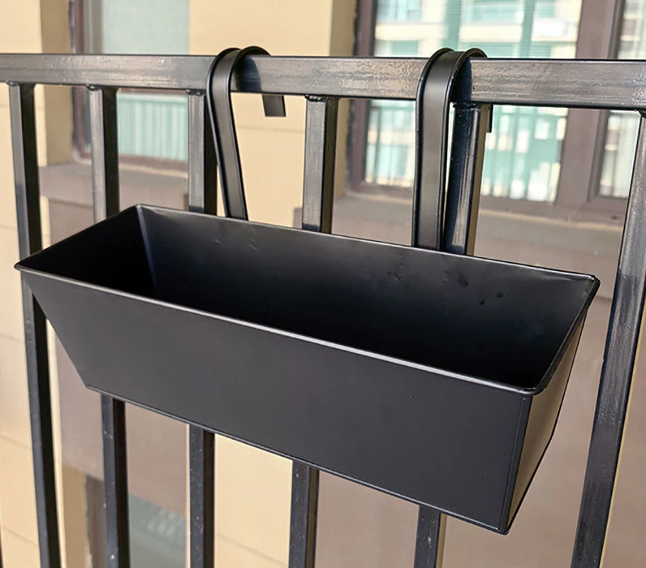 Outdoor Planter Black Metal Iron Hanging Flower Pots Decks Railings Fence Buckets Modern Wall Mount Window Box