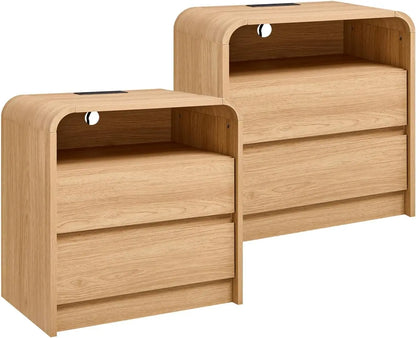 25" Tall Modern Nightstand Set of 2, 23.6'' Wide Wood Bedside Table w/2 Storage Drawers, Charging Station