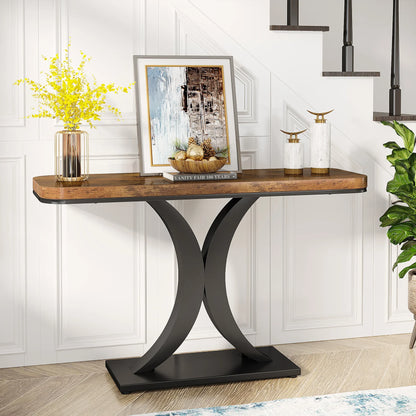 Console Table, 40 inch Narrow with Geometric Base, Rustic Hallway Accent