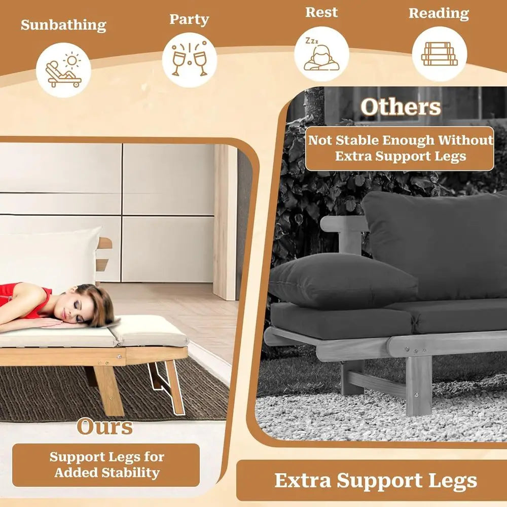 Patio Convertible Couch Soa Bed, Acacia Wood Chaise Lounger with Adjustable Armrest, Cushion & Pillows, Outdoor Daybed Loveseat