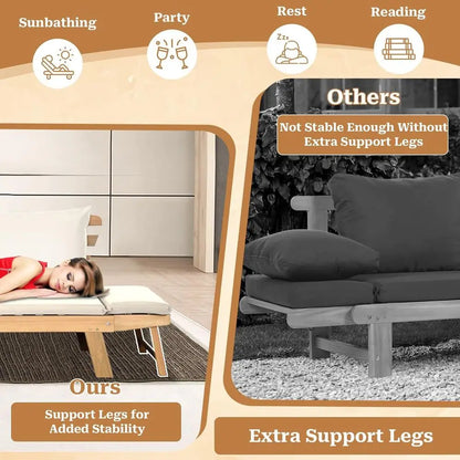 Patio Convertible Couch Soa Bed, Acacia Wood Chaise Lounger with Adjustable Armrest, Cushion & Pillows, Outdoor Daybed Loveseat