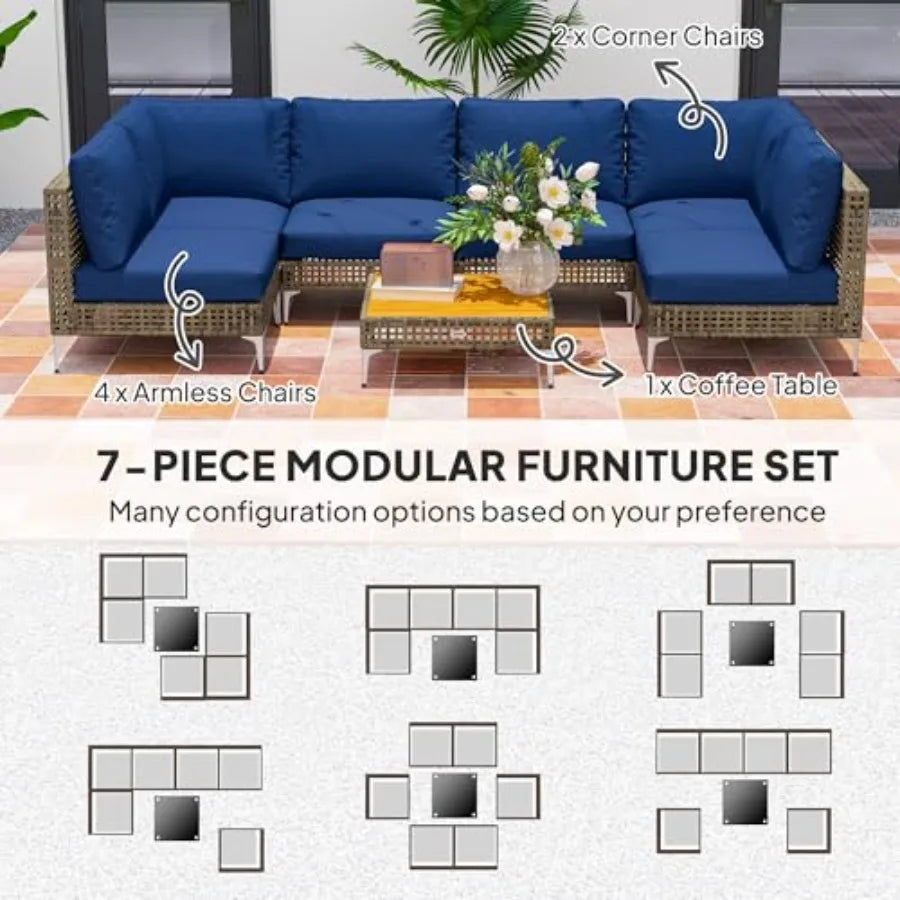 7 Piece Wicker Patio Furniture Set Modular Outdoor Sectional with Thickened Cushions Rattan Outdoor Furniture Conversation Set