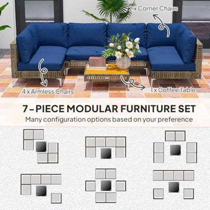 7 Piece Wicker Patio Furniture Set Modular Outdoor Sectional with Thickened Cushions Rattan Outdoor Furniture Conversation Set
