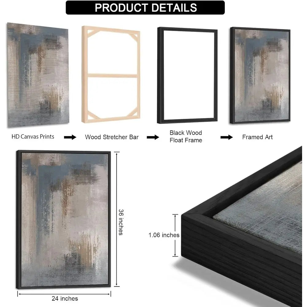 Canvas Wall Art - Grey Abstract Picture, Rustic Wall Decor, Black Floated Paintings, Retro Prints