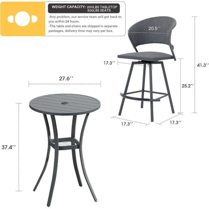 Grey Metal Patio Bar Set with 28 Table and 2 Swivel Wicker Stools