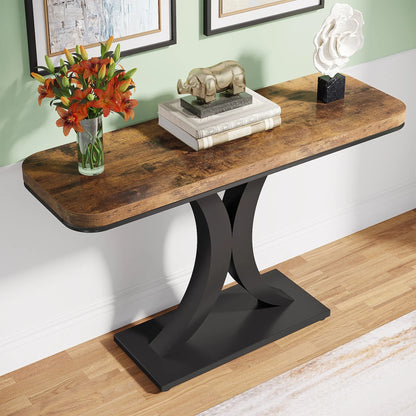 Console Table, 40 inch Narrow with Geometric Base, Rustic Hallway Accent